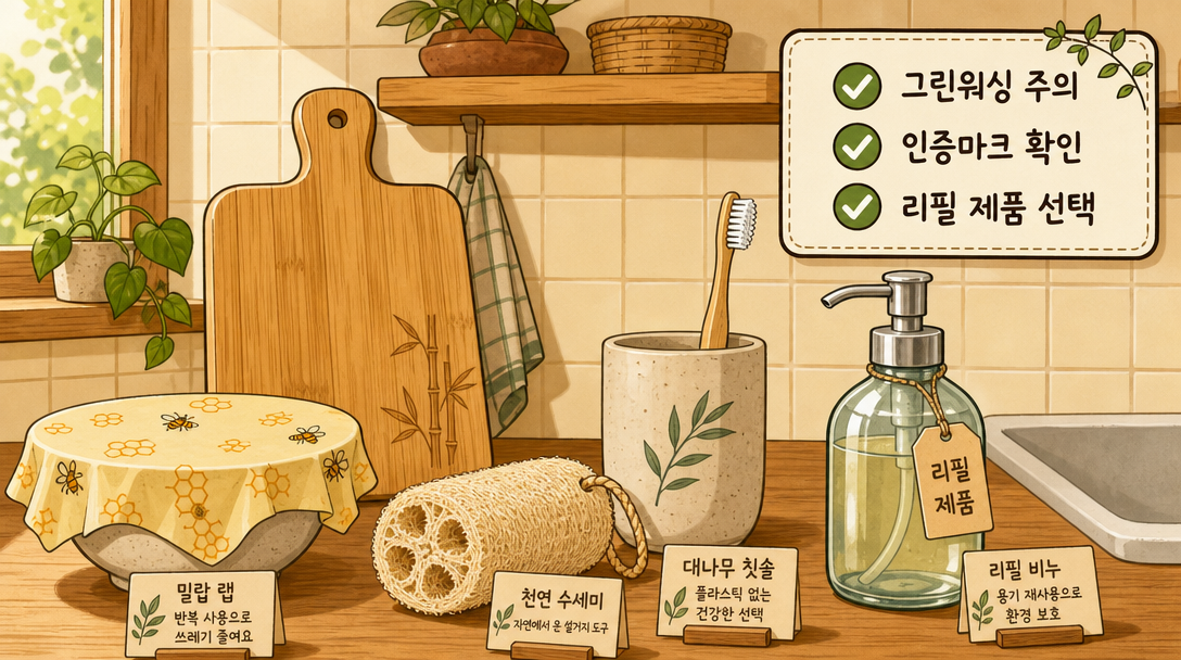 친환경 제품 추천 종류와 인증 마크를 담은 인테리어 일러스트