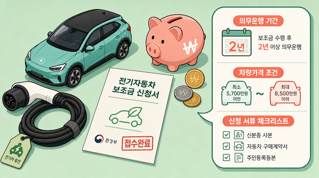 전기차 보조금 신청 시 필요한 서류와 의무 운행 조건 일러스트