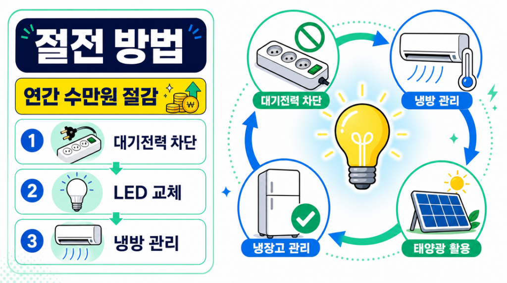 절전 방법 실천 가이드 인포그래픽 – 대기전력 차단·LED 교체·냉방 관리 핵심 요약