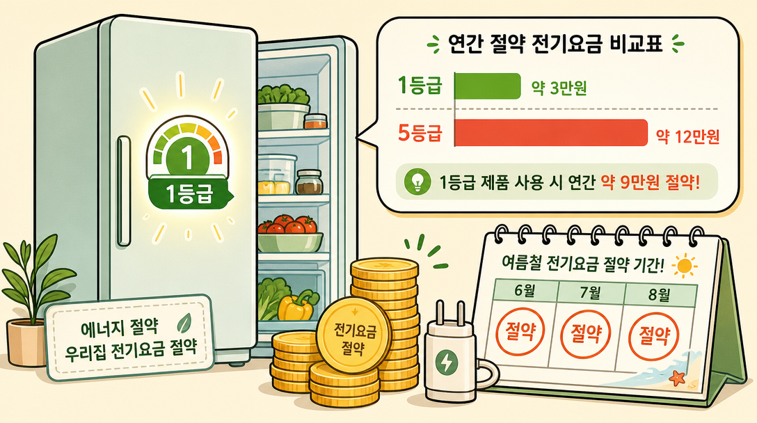 에너지효율등급 가전제품 등급별 전기요금 절약 비교 일러스트