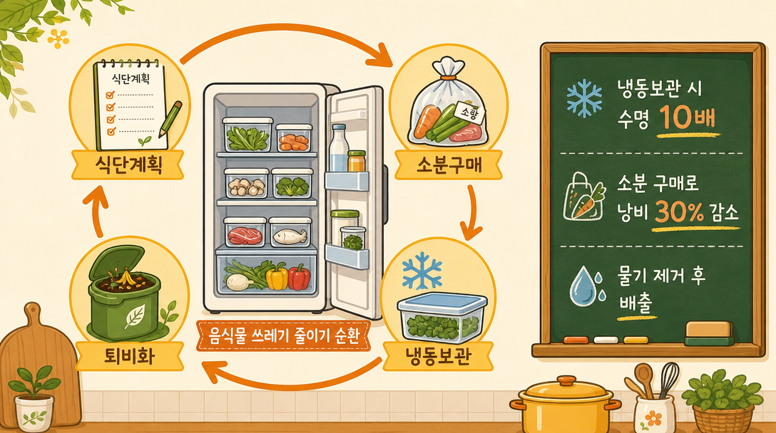 음식물쓰레기 줄이기 냉동보관·퇴비화 순환 아이콘 일러스트