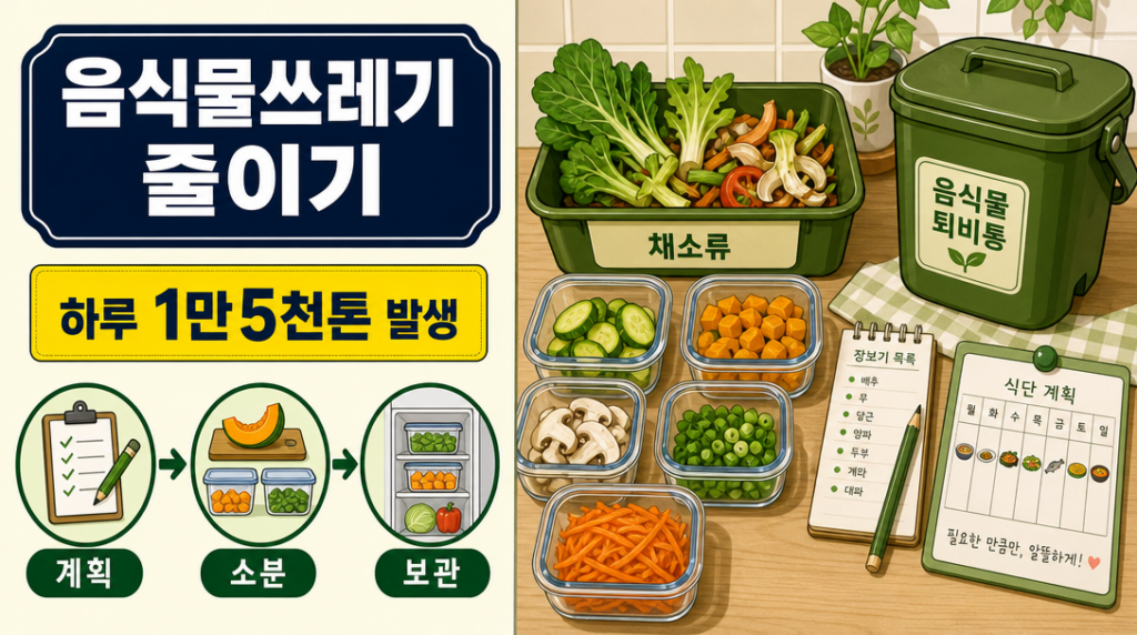 음식물쓰레기 줄이기 실천 방법 인포그래픽 - 식단계획, 소분구매, 올바른 보관법 안내