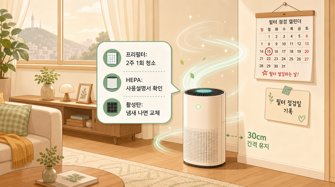 공기청정기 필터 교체 후 실내 공기질 개선 효과를 보여주는 거실 일러스트