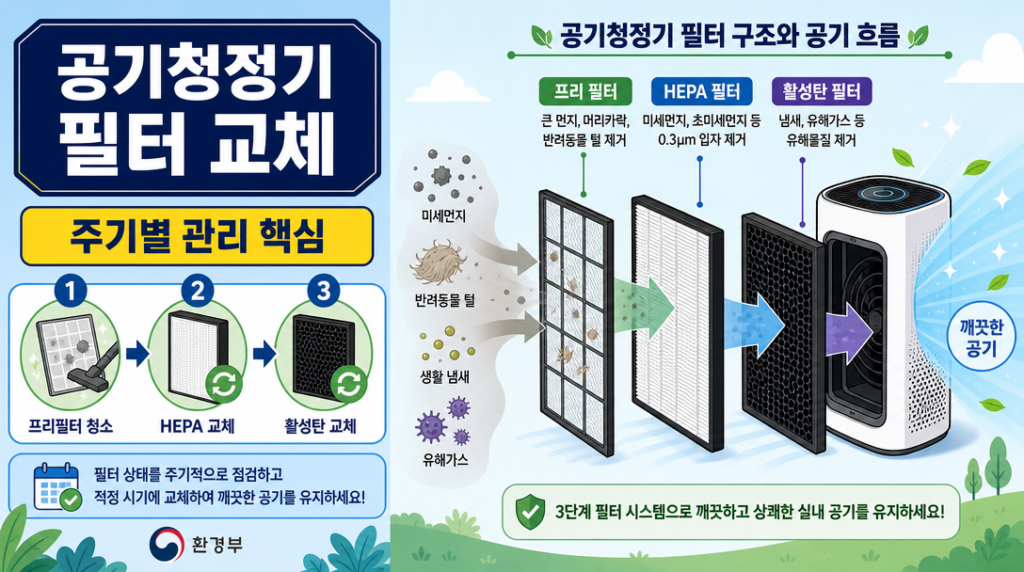 공기청정기 필터 교체 주기와 필터 종류별 관리법 인포그래픽