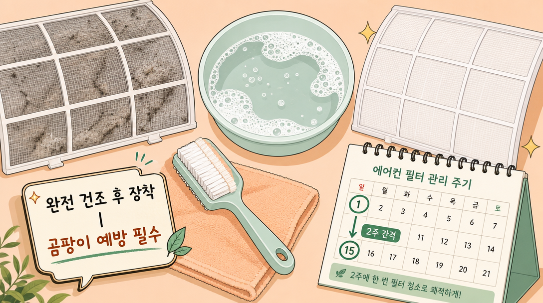 에어컨 필터 청소 방법과 건조 후 장착 안내 일러스트