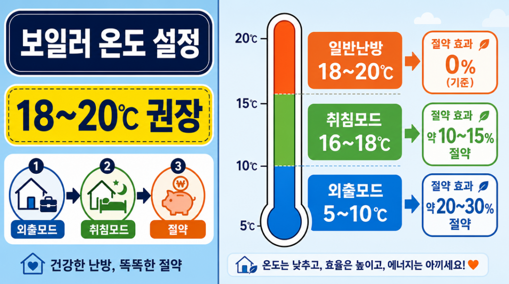 보일러 온도 설정 방법과 난방비 절약 효과를 보여주는 온도 구간 인포그래픽