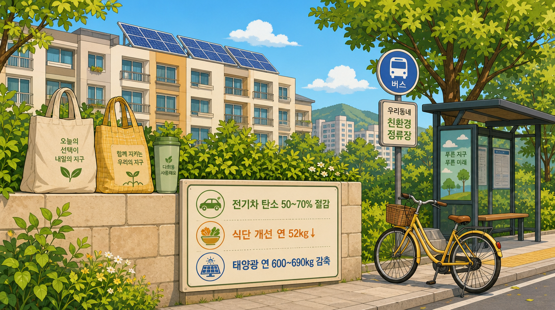 탄소발자국 계산 결과를 바탕으로 한 친환경 생활 실천법 일러스트