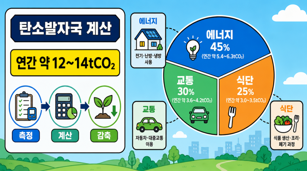 탄소발자국 계산 방법과 에너지·교통·식단별 배출량 비중을 보여주는 인포그래픽