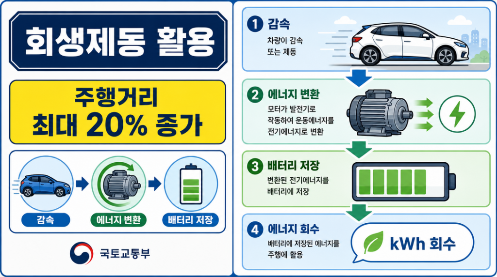 전기차 회생제동 활용 단계별 에너지 회수 흐름 인포그래픽