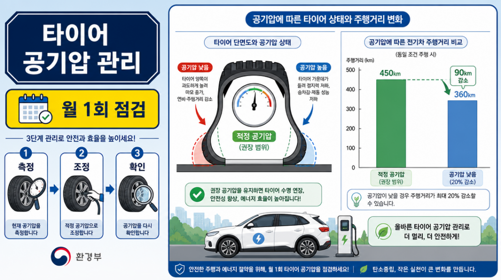 전기차 타이어 공기압 관리 적정 기준과 주행거리 향상 인포그래픽