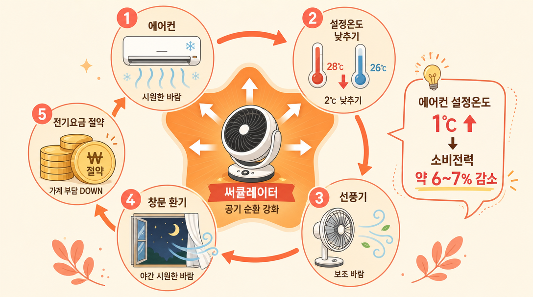 선풍기 서큘레이터 공기 순환 원리와 에어컨 병행 절약 효과 아이콘 일러스트