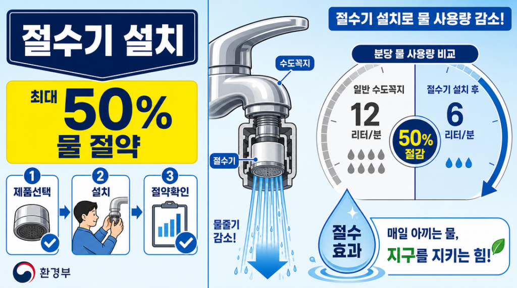 절수기 설치 방법과 분당 토수유량 절감 효과를 보여주는 인포그래픽
