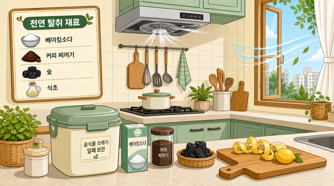 음식물쓰레기 냄새 제거를 위한 천연 탈취 재료(베이킹소다, 커피 찌꺼기, 숯)가 놓인 친환경 주방 일러스트