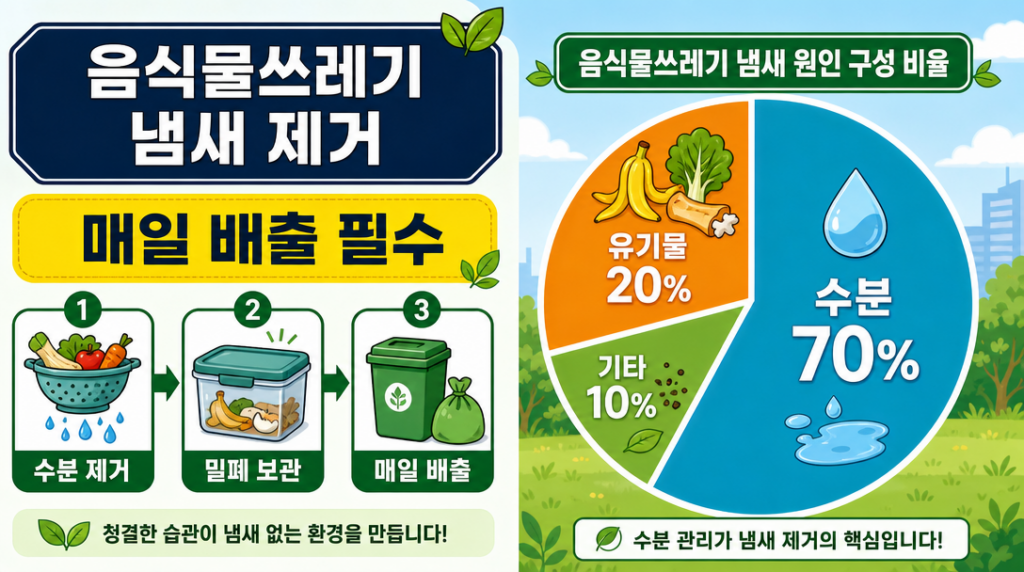 음식물쓰레기 냄새 제거 방법을 단계별로 정리한 인포그래픽 — 수분 제거, 밀폐 보관, 매일 배출
