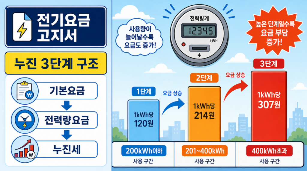 전기요금 고지서 항목별 구조와 누진세 구간을 보여주는 인포그래픽