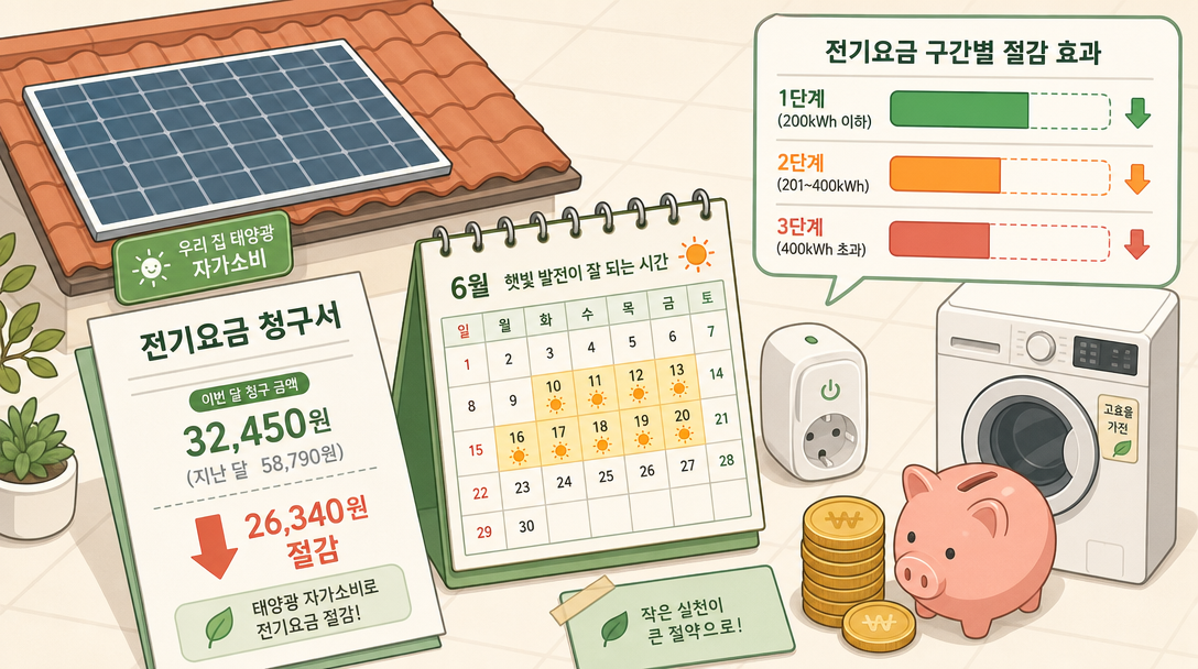 태양광 자가소비 누진 구간 절감 비교 일러스트