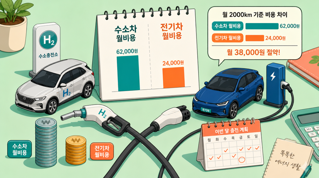 수소차 연료비와 전기차 월 충전비 차이를 보여주는 오브젝트 일러스트
