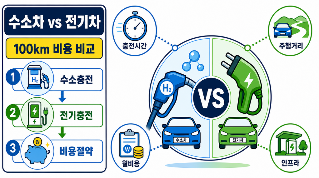 수소차 연료비와 전기차 충전비를 비교한 인포그래픽 일러스트