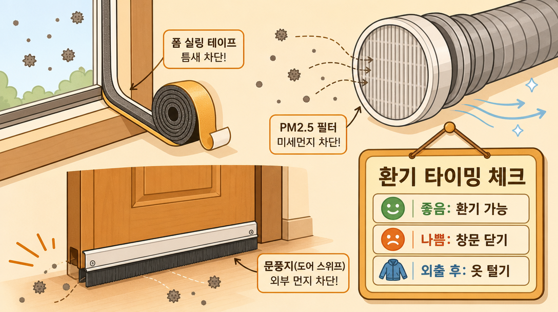 미세먼지 차단 환기 타이밍 체크 및 창문 기밀 소재 일러스트