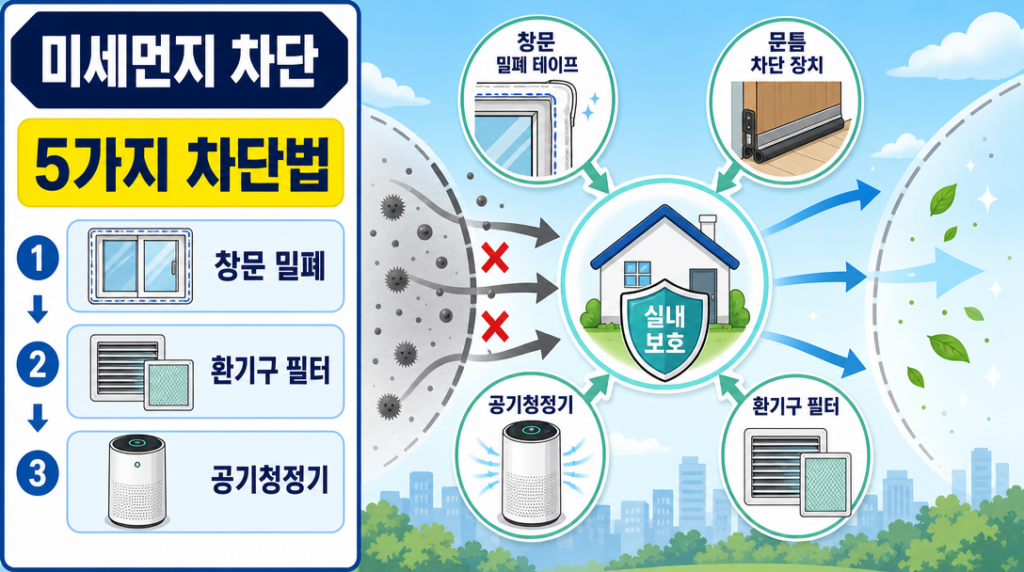 미세먼지 차단을 위한 창문 밀폐·환기구 필터·공기청정기 활용법 인포그래픽