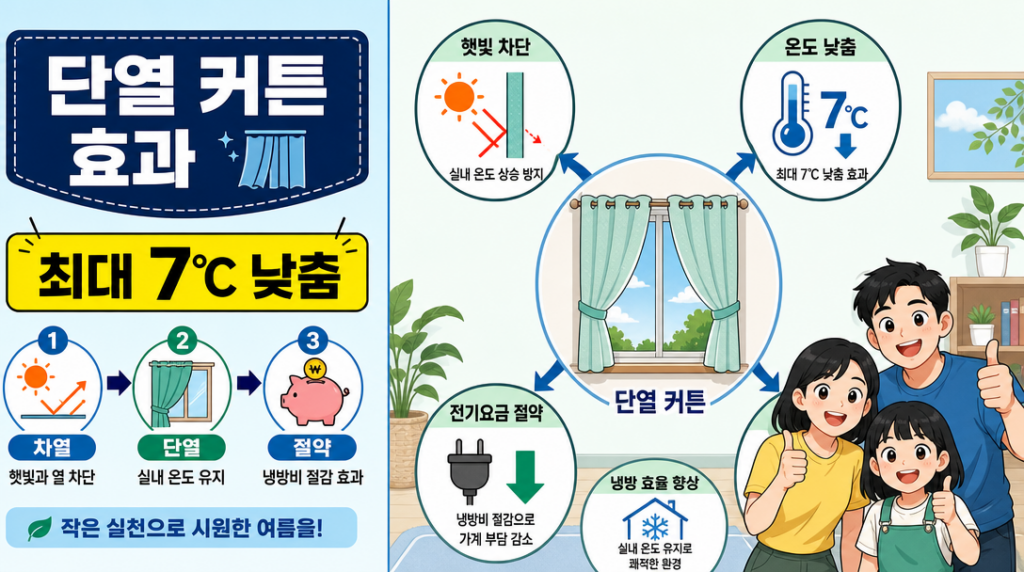 단열 커튼 효과로 여름 실내 온도를 낮추는 창문 단열 방법 인포그래픽