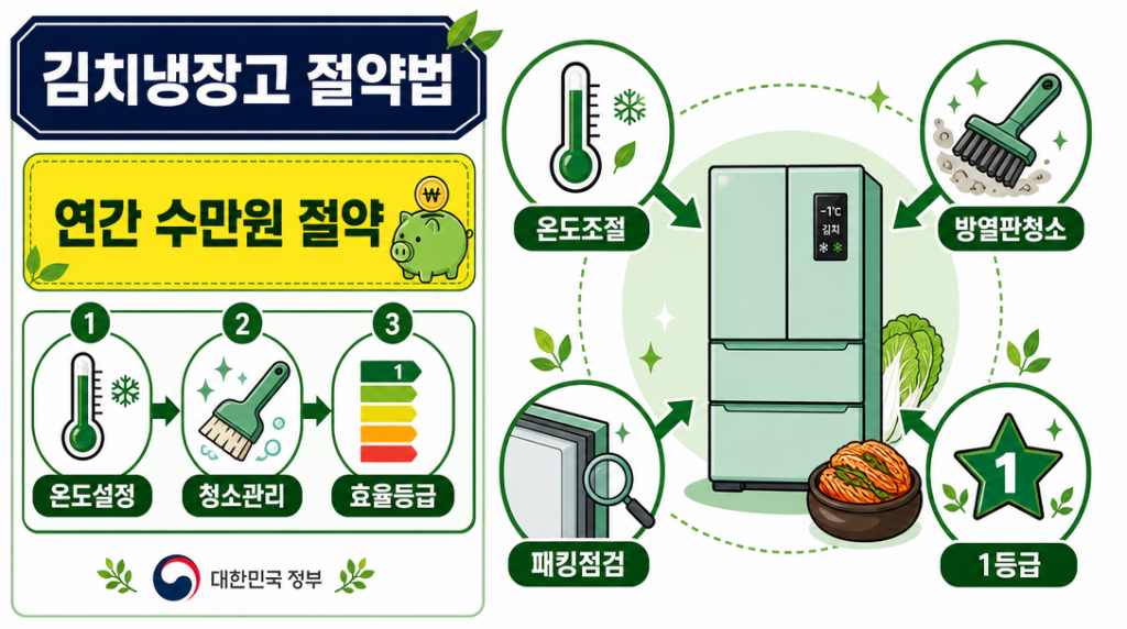 김치냉장고 전기요금 절약법 핵심 인포그래픽 — 온도 설정·청소·효율등급 아이콘 조합