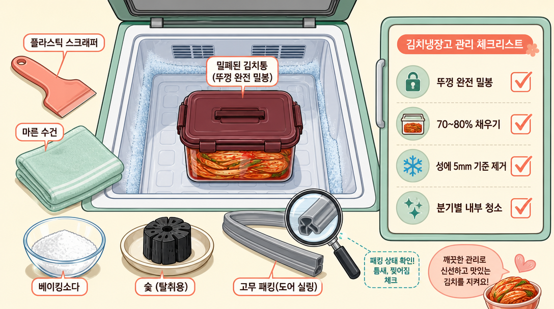 김치냉장고 성에 제거 도구와 냄새 예방 체크리스트를 담은 오브젝트 클로즈업 일러스트