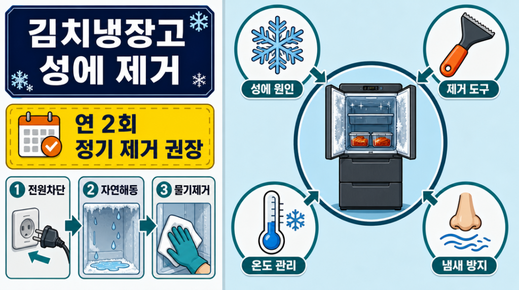 김치냉장고 성에 제거 방법과 단계별 순서를 설명하는 인포그래픽 일러스트