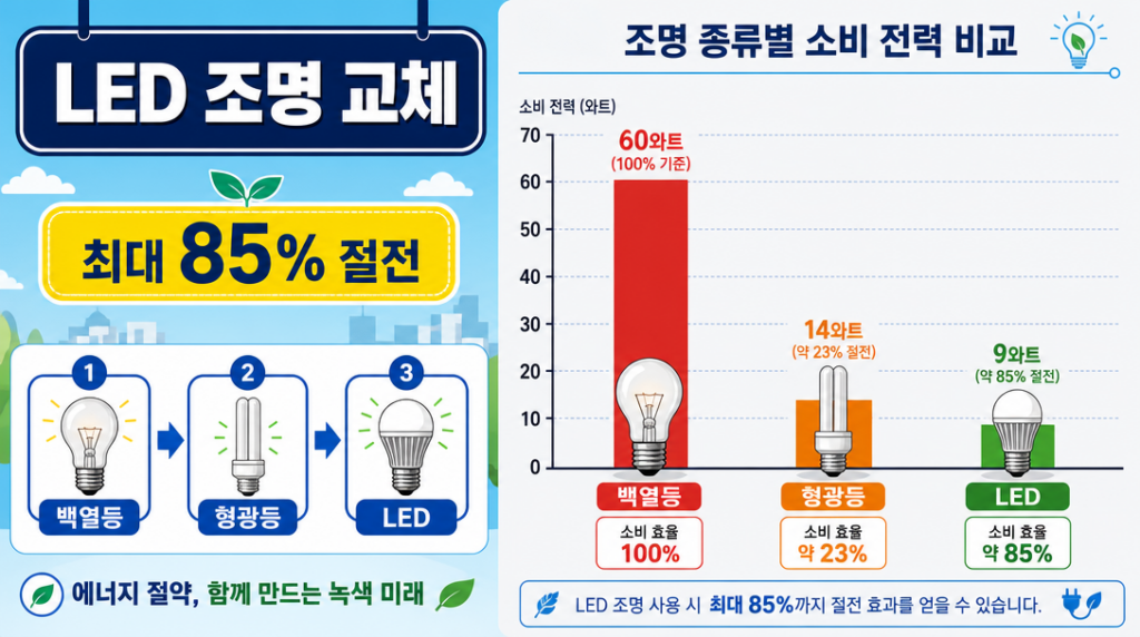LED 조명 교체 전기요금 절약 효과 비교 인포그래픽 – 백열등·형광등·LED 소비전력 비교