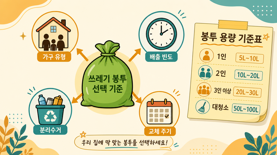 종량제 봉투 크기 용량별 기준표와 분리수거 실천 아이콘 조합 일러스트