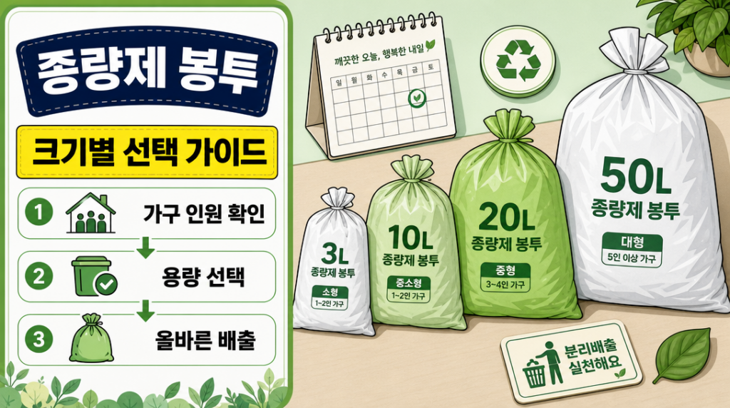 종량제 봉투 크기별 선택 기준과 가구 규모별 용량 안내 인포그래픽