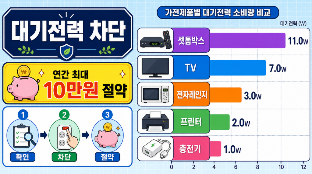 대기전력 차단 방법과 가전별 소비전력 비교 인포그래픽