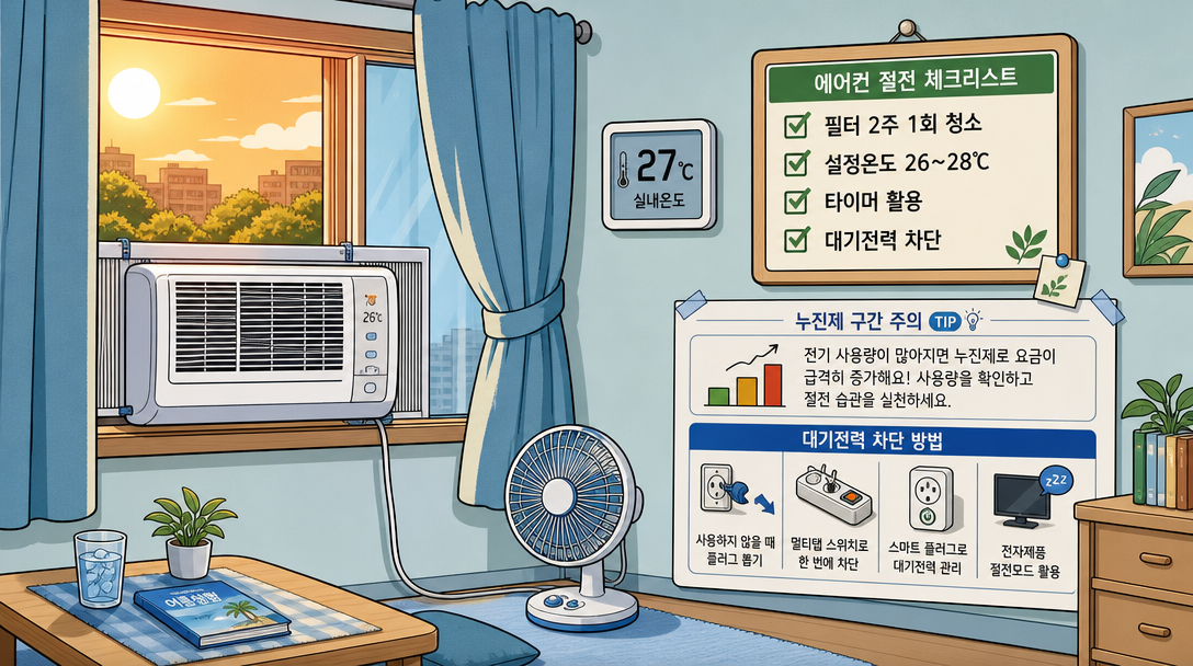 창문형 에어컨 전력 관리 체크리스트와 실내 냉방 환경을 보여 주는 일러스트
