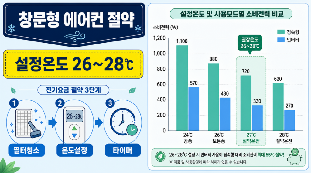 창문형 에어컨 전력 소비 비교와 절약 단계를 보여 주는 인포그래픽 일러스트