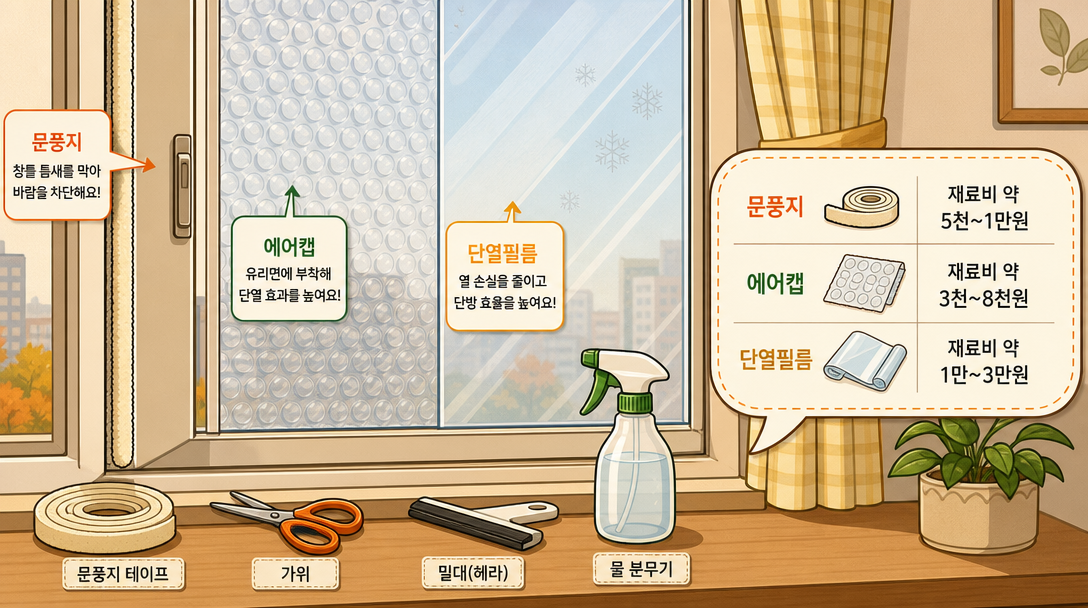 창문 단열 시공에 사용하는 문풍지·에어캡·단열필름 재료와 비용 비교 일러스트