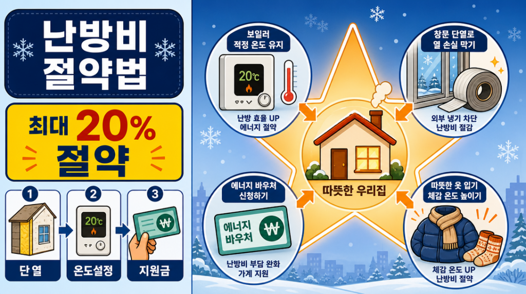 겨울철 난방비 절약법 핵심 요약 인포그래픽 - 단열, 보일러 설정, 지원금 활용