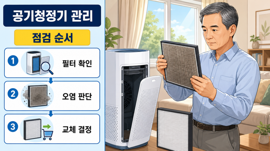 거실에서 공기청정기 앞에 서서 사용하던 필터를 두 손으로 들고 먼지가 쌓인 상태를 살펴보는 남성의 모습