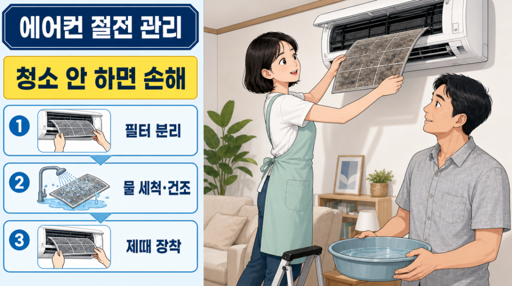 가정집 거실에서 두 사람이 에어컨 필터를 분리해 청소하는 장면으로, 먼지가 쌓인 필터를 제때 세척하면 냉방 효율을 유지할 수 있음을 보여줍니다