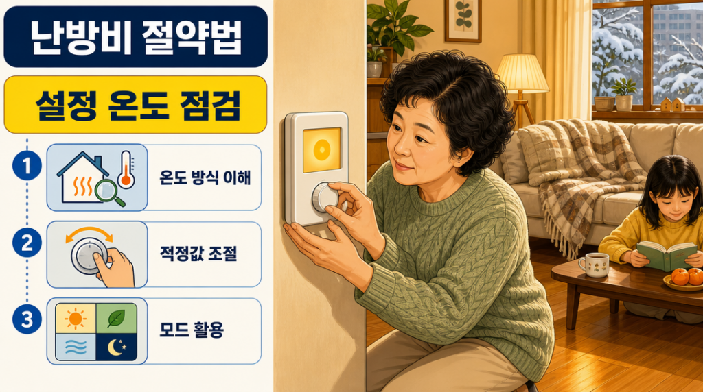 따뜻한 거실에서 한 여성이 보일러 온도 조절기의 다이얼을 두 손으로 감싸 돌리며 난방 설정을 조정하는 모습