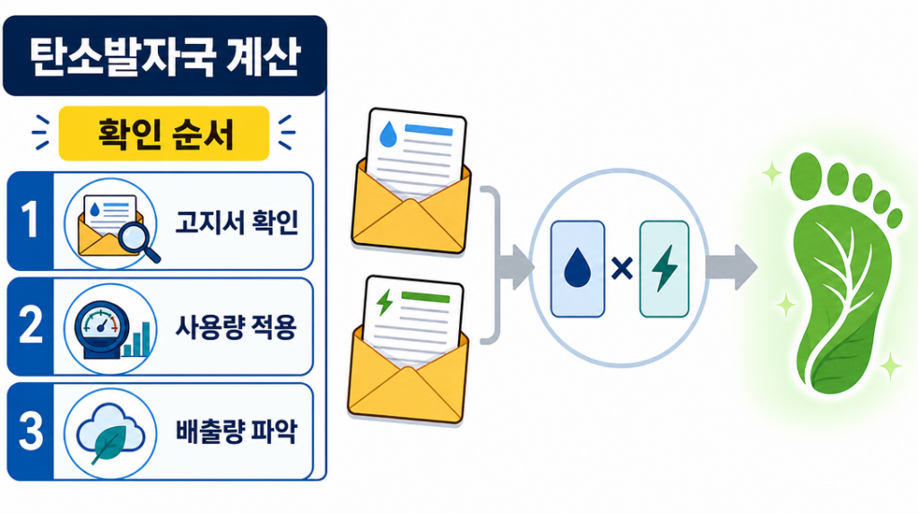 전기·가스 고지서에서 사용량을 확인하고 배출계수를 적용해 가정 탄소발자국을 계산하는 흐름을 보여주는 다이어그램 이미지