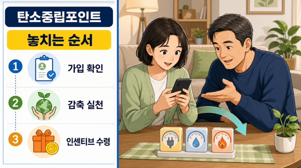 거실에서 두 사람이 스마트폰으로 탄소중립포인트 가입과 인센티브 수령 과정을 함께 확인하는 장면