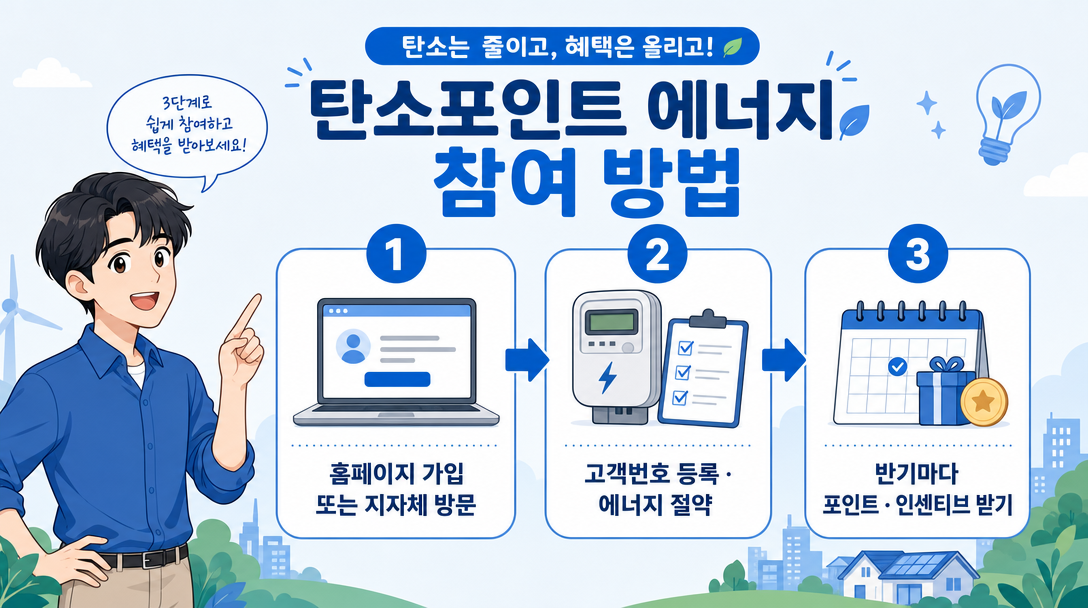 탄소중립포인트 신청 3단계 순서도 — 가입, 사용량 절감, 반기별 인센티브 수령