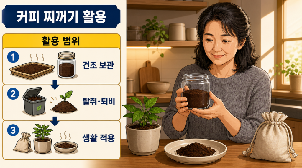 커피 찌꺼기를 유리병에 담고 화분 퇴비·탈취용 접시·천 주머니로 활용하는 주방 장면