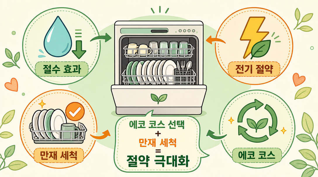 식기세척기 절수 에코 코스와 만재 세척 절약 효과 아이콘 일러스트