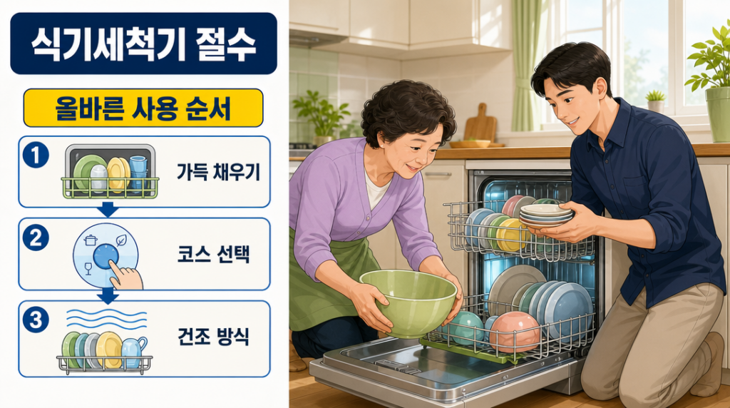 두 사람이 주방에서 식기세척기에 그릇을 가득 채워 넣으며 절수 사용법을 실천하는 모습