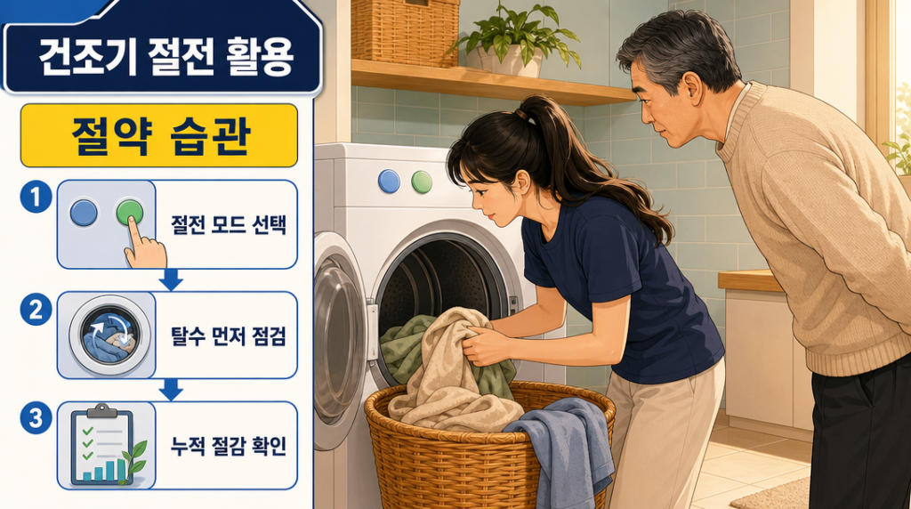 세탁실에서 한 여성이 양손으로 건조기 드럼을 잡고 세탁물을 넣는 동안, 남성이 팔짱을 끼고 제어판을 꼼꼼히 살펴보는 생활 장면 일러스트
