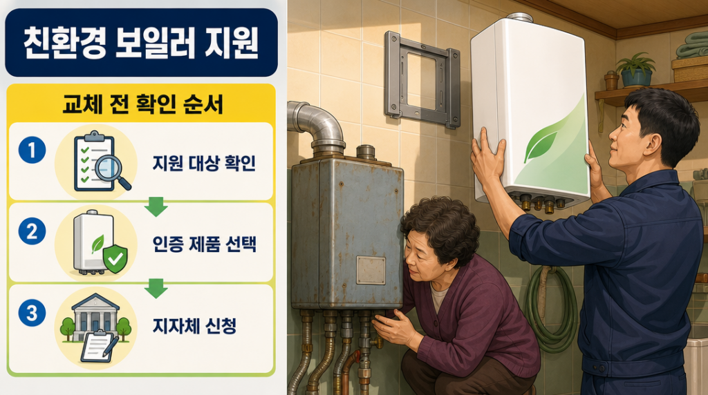 주거용 보일러실에서 60대 여성이 노후 보일러 배관을 살피고, 40대 남성이 새 친환경 보일러를 두 팔로 들어 올려 교체를 준비하는 장면