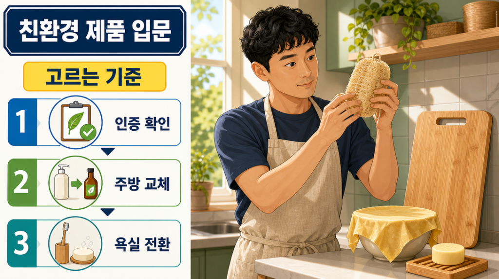 주방 카운터에서 천연 수세미를 양손으로 들어 살펴보는 30대 남성과 밀랍랩·대나무 도마 등 친환경 주방용품