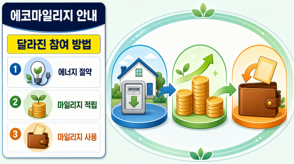 에너지를 절약하면 마일리지가 쌓이고 상품권·관리비 등으로 쓸 수 있는 에코마일리지 참여 흐름을 보여주는 다이어그램
