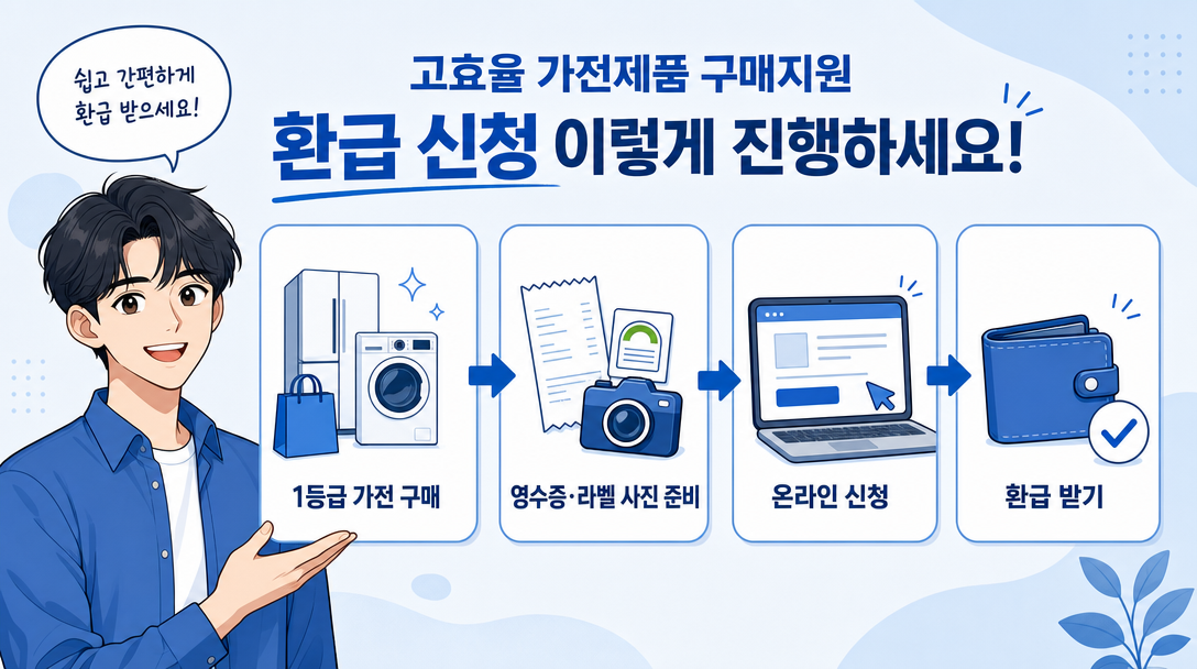 고효율 가전 구매지원 신청 흐름 — 구매, 서류 준비, 온라인 신청, 환급